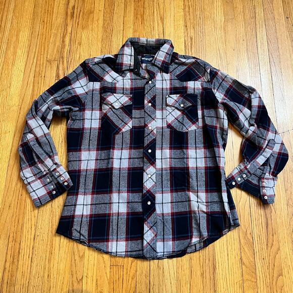 Wrangler Shirt Mens Large Thick Pearl Snap Pocket Plaid Shacket Blue Red - Picture 1 of 10